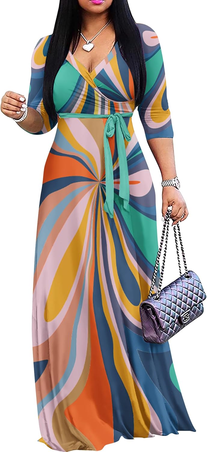 FANDEE Plus Size Maxi Dress for Women Casual Summer Sundress V-Neck 3/4 Sleeve