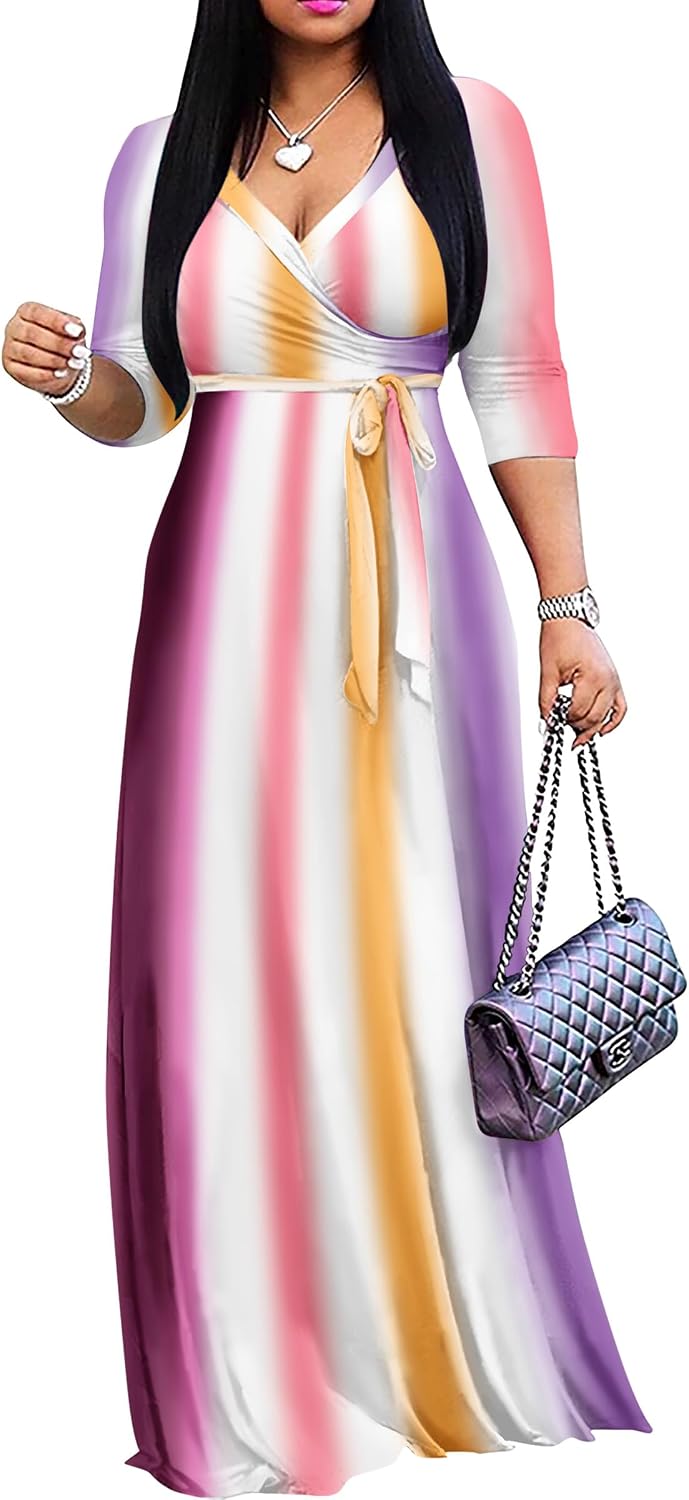 FANDEE Plus Size Maxi Dress for Women Casual Summer Sundress V-Neck 3/4 Sleeve
