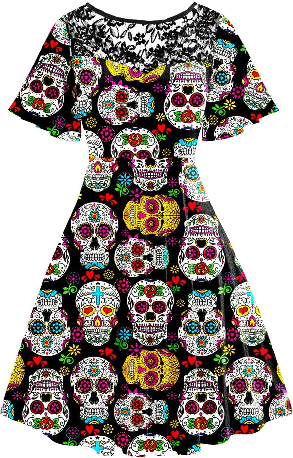 Women Halloween Dress Lace Flutter Sleeve A-Line Party Dresses