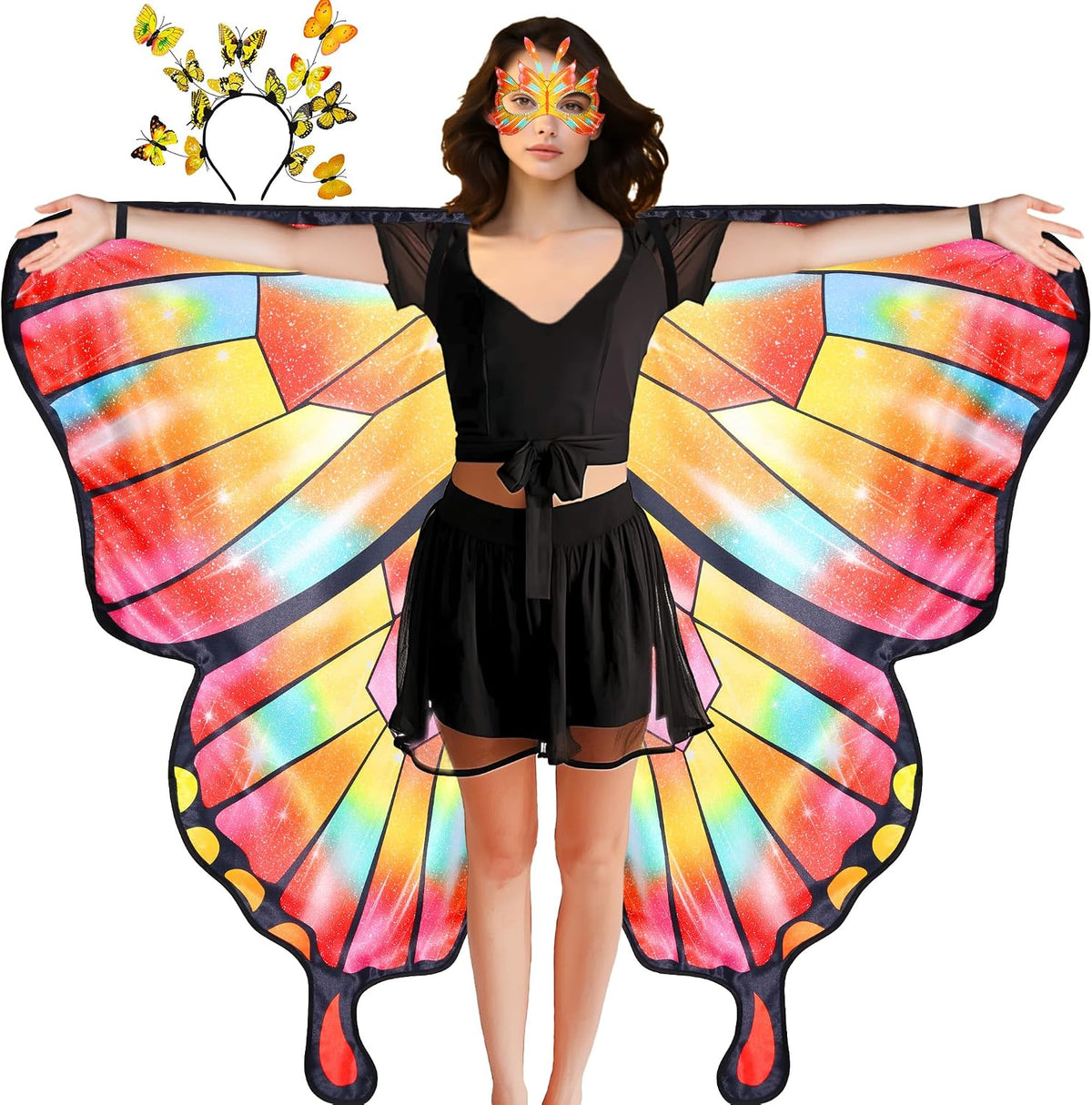 D.Q.Z Double Sided Women Butterfly Wings Costumes for Adults Fairy Music-Festivals with Headband Halloween Cosplay Party