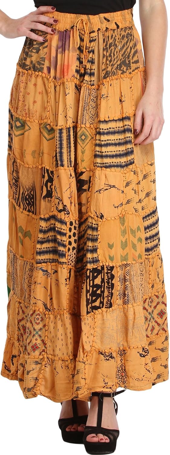 Exotic India Long Printed Dori Skirt from Gujarat with Patch Work - Rayon