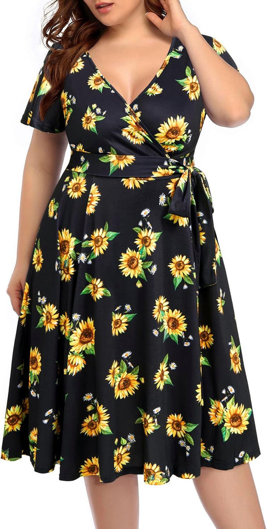Pinup Fashion Plus Size Wedding Guest Semi Formal Cocktail Wrap Knee Dress | Knit, faux wrap v-neck, short ruffle sleeves, empire waist, removable belt, knee-length, wedding guest, semi formal, easter