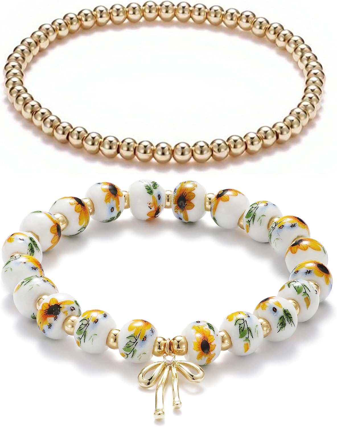 Beaded Bracelets for Women,Bow Charm Blue Flower Gold Plated Jewelry Women