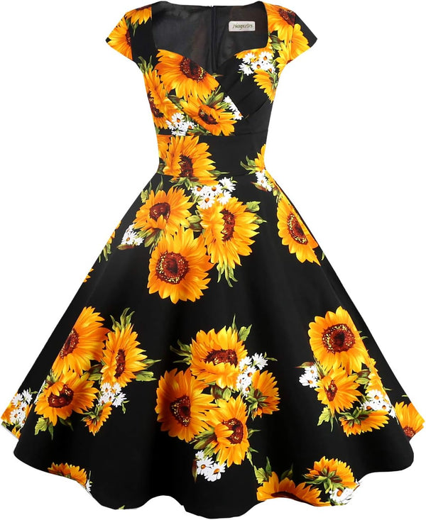 Women's Cap Sleeve 1950s Retro Vintage Cocktail Swing Dresses with Pocket