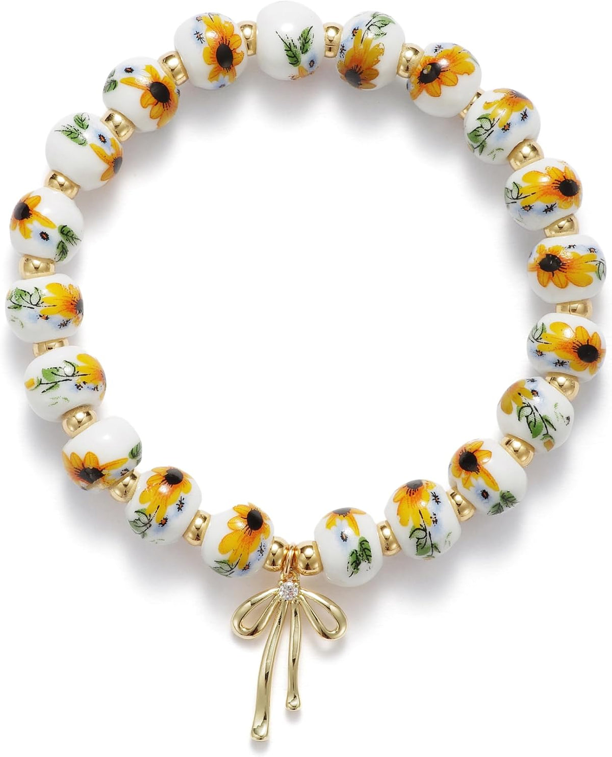 Beaded Bracelets for Women,Bow Charm Blue Flower Gold Plated Jewelry Women