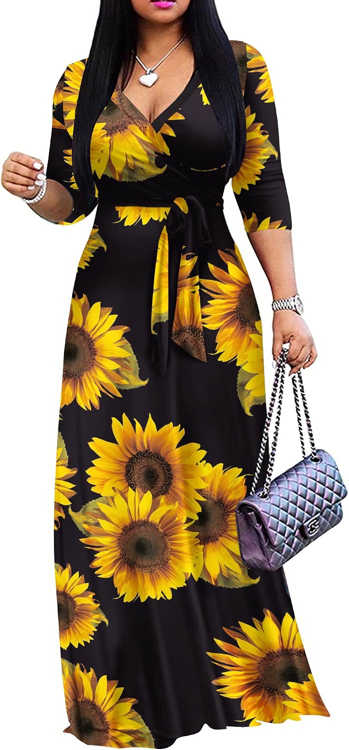 FANDEE Plus Size Maxi Dress for Women Casual Summer Sundress V-Neck 3/4 Sleeve