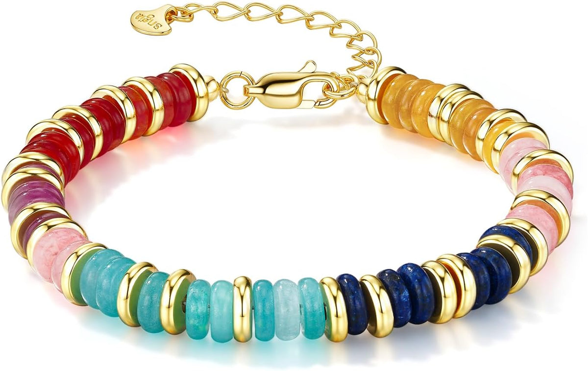 SNGIA Colorful 18K Gold Plated Bracelets for Women, Stack Bangle Beaded Stone Jewelry Accessories Set for Woman, Trendy Fashion Jewelry Gifts