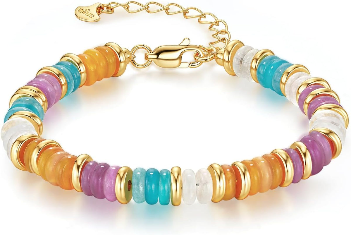 SNGIA Colorful 18K Gold Plated Bracelets for Women, Stack Bangle Beaded Stone Jewelry Accessories Set for Woman, Trendy Fashion Jewelry Gifts