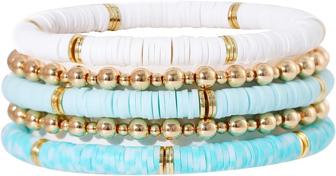 Surfer Heishi Clay Bead Bracelets for Women Bohemian Stackable Gold Plated Beaded Stretch Bracelets Elastic Layering Friendship Bracelets Set Boho Jewelry