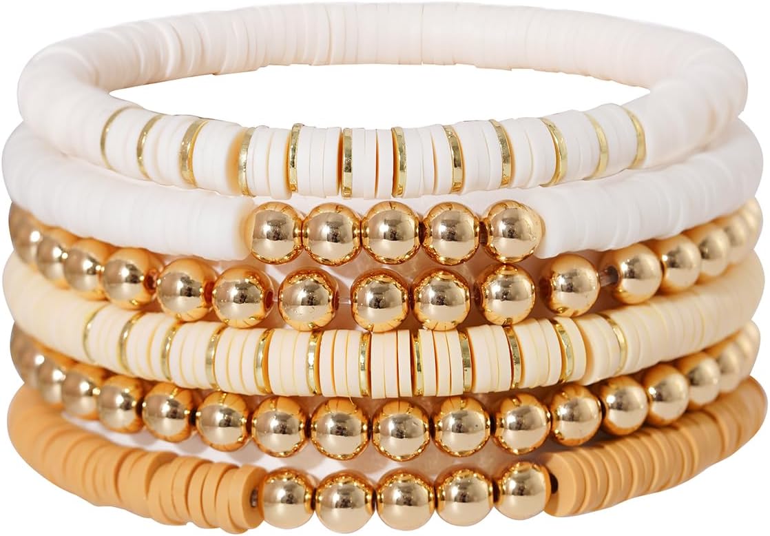 Surfer Heishi Clay Bead Bracelets for Women Bohemian Stackable Gold Plated Beaded Stretch Bracelets Elastic Layering Friendship Bracelets Set Boho Jewelry