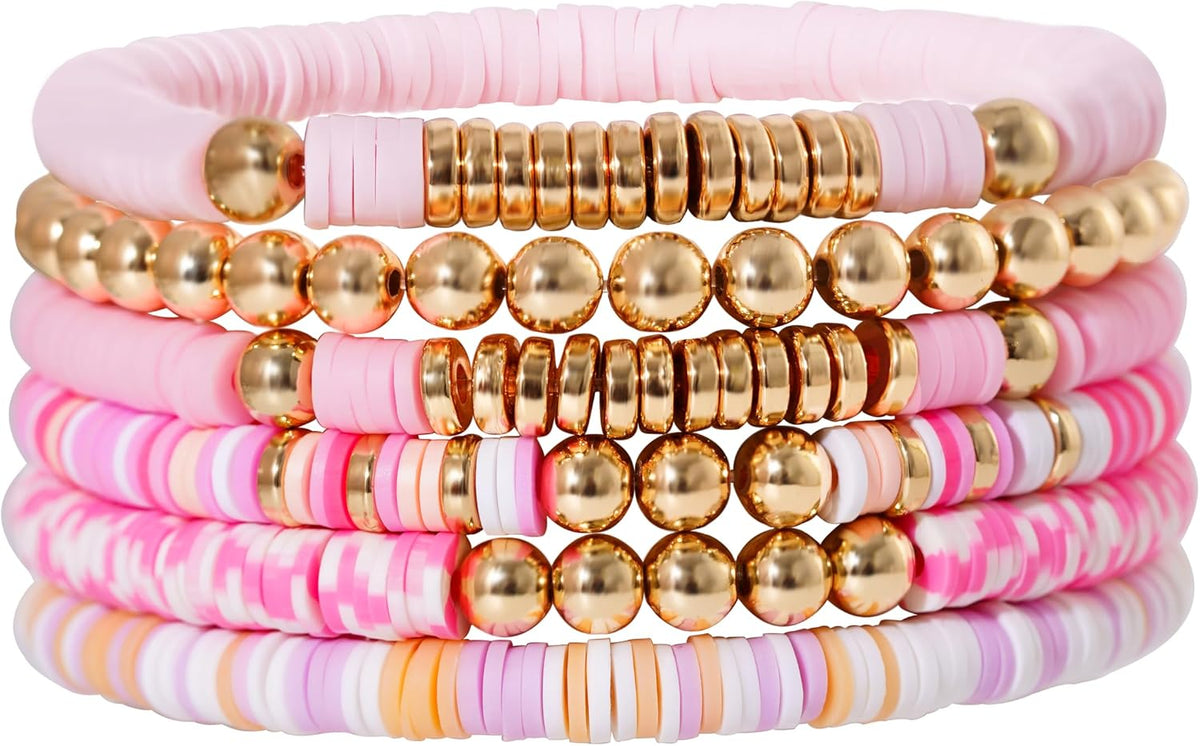 Surfer Heishi Clay Bead Bracelets for Women Bohemian Stackable Gold Plated Beaded Stretch Bracelets Elastic Layering Friendship Bracelets Set Boho Jewelry