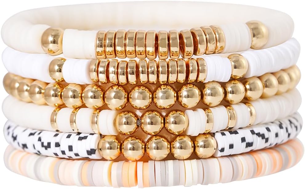 Surfer Heishi Clay Bead Bracelets for Women Bohemian Stackable Gold Plated Beaded Stretch Bracelets Elastic Layering Friendship Bracelets Set Boho Jewelry