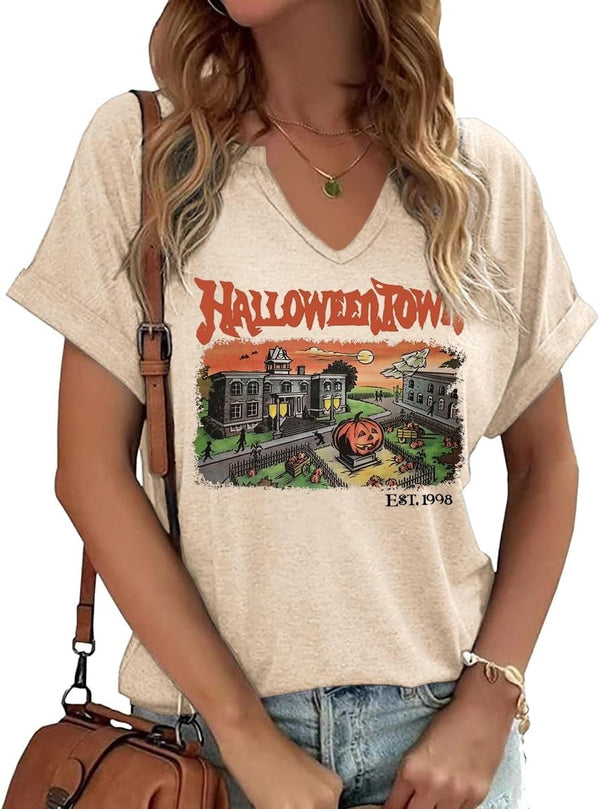 Earlymemb Women Fall Halloween Doodles V Neck Shirt Thanksgiving Casual Tee