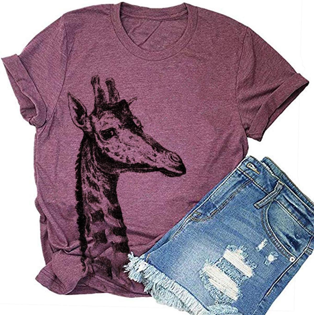 Beopjesk Womens Summer Giraffe Printed T-Shirt Funny Cute Animal Graphic Tees Tops