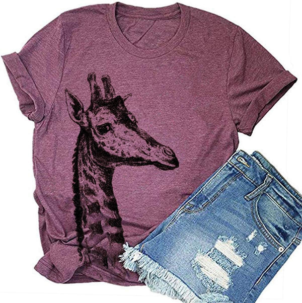 Beopjesk Womens Summer Giraffe Printed T-Shirt Funny Cute Animal Graphic Tees Tops