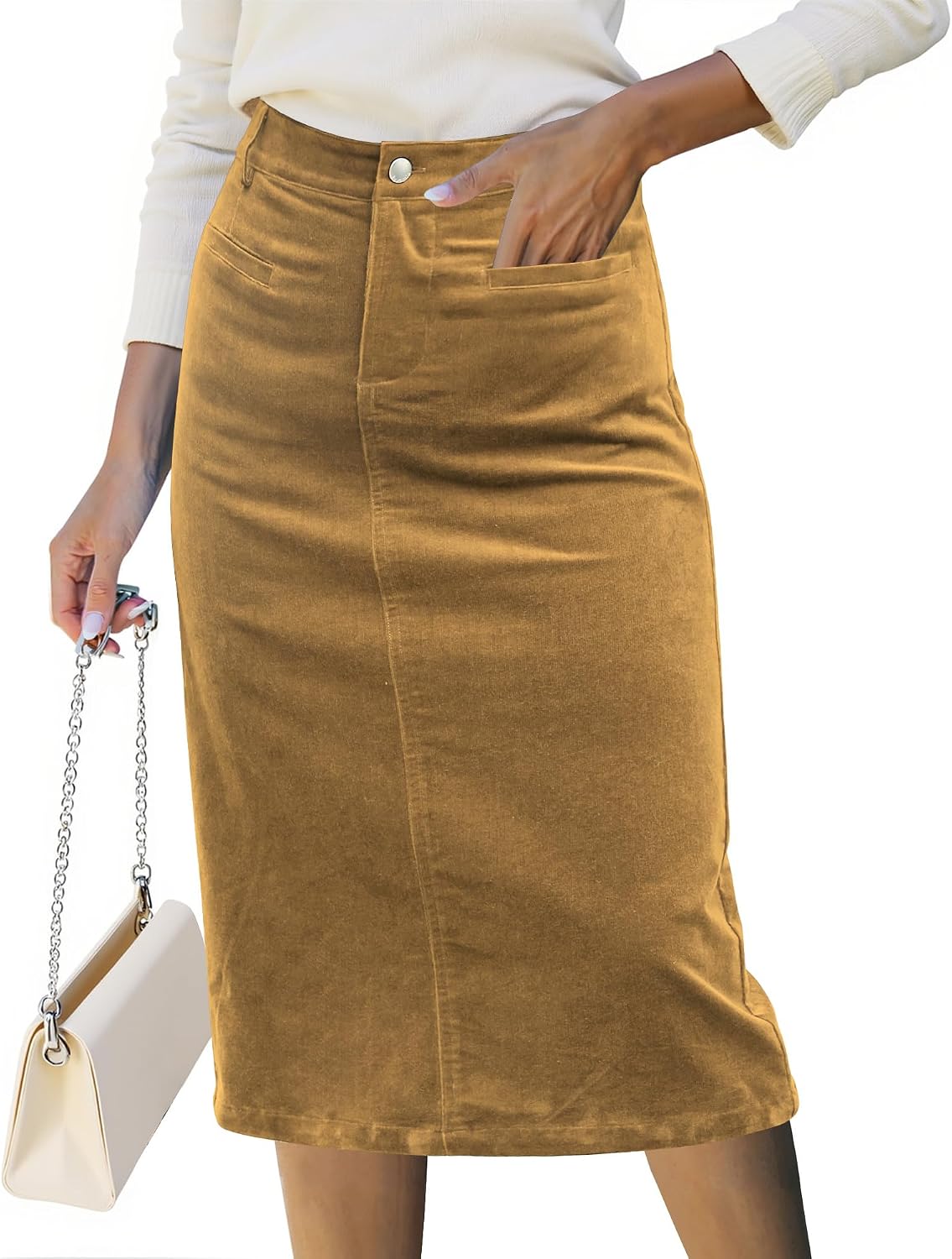 luvamia Corduroy Skirts for Women Midi Length High Waisted Trendy Fall Elastic Waist Casual Stretchy Welt Pockets Skirt