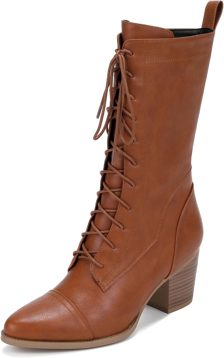 UTIKLIOU Women's Mid Calf Boots Lace up Combat Boots Leather Side Zipper Winter Boots Faux Fur Lining Secondary image