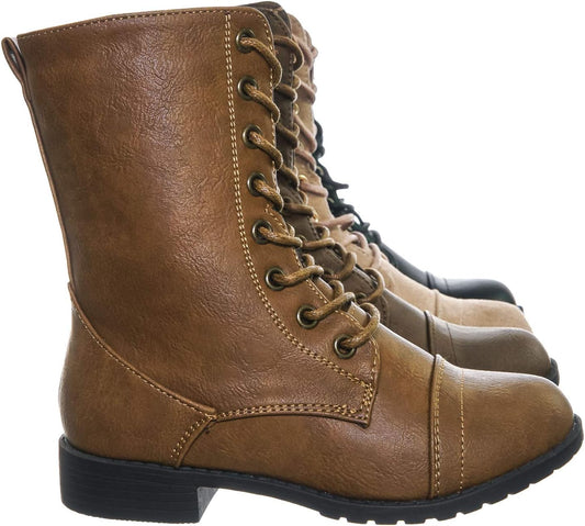 Forever Link Womens Round Toe Military Lace Up Knit Ankle Cuff Low Heel Combat Boots