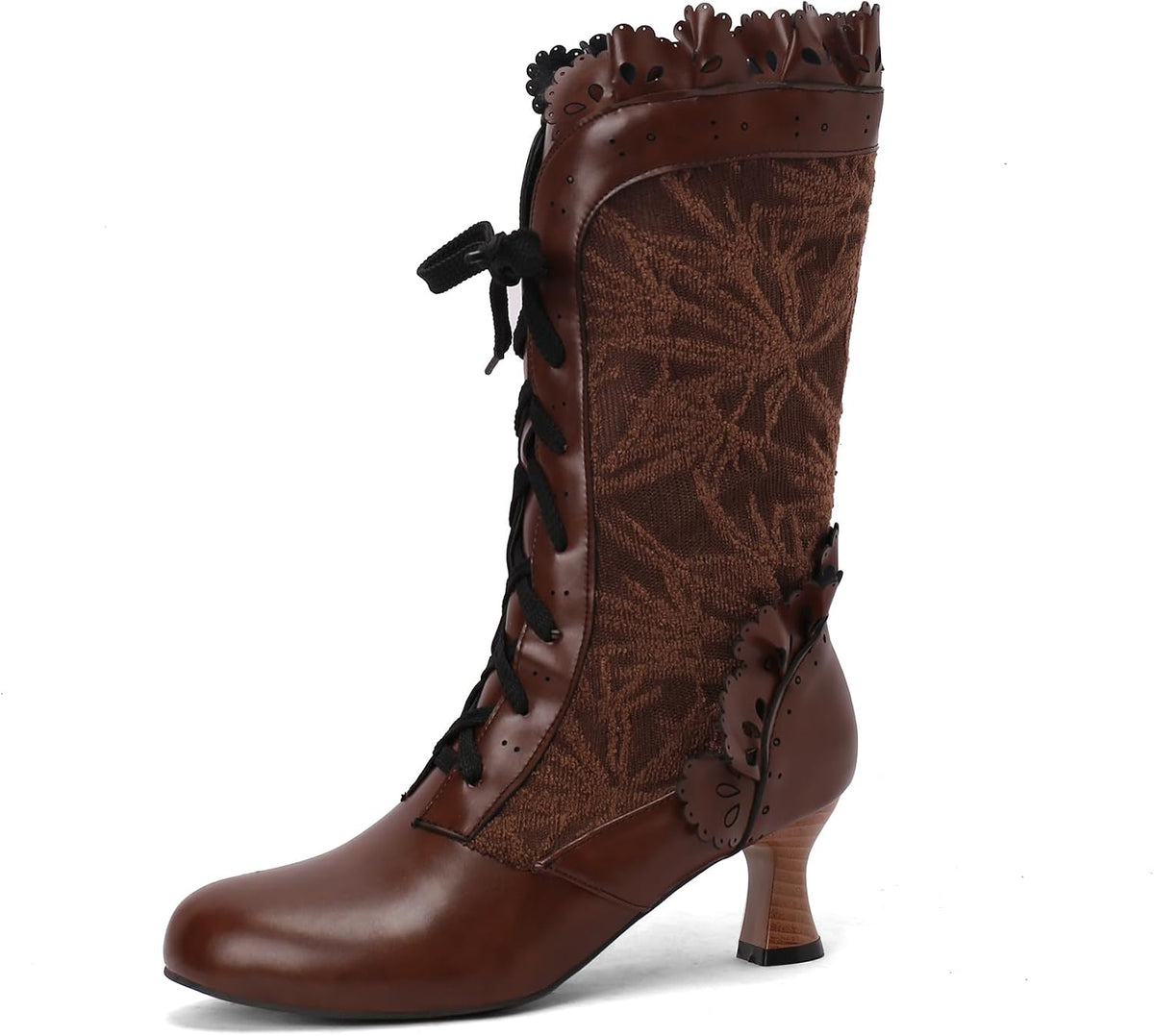 Women Victorian Boots Chunky Heels Lace up Cute Bow Knot Cosplay Costumes Witch Medieval Renaissance Mid-Calf Goth Boots Vintage Gothic Character Dance Kawaii Lolita Shoes