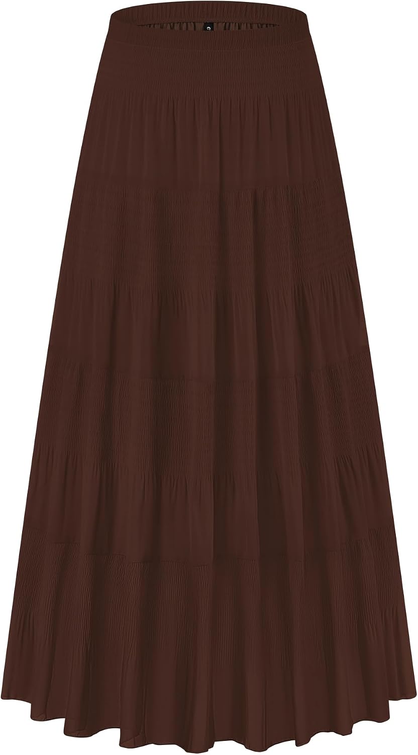 CYiNu Women's Chiffon Elastic High Waist Tiered Pleated Floral Printed A-Line Boho Long Maxi Skirts