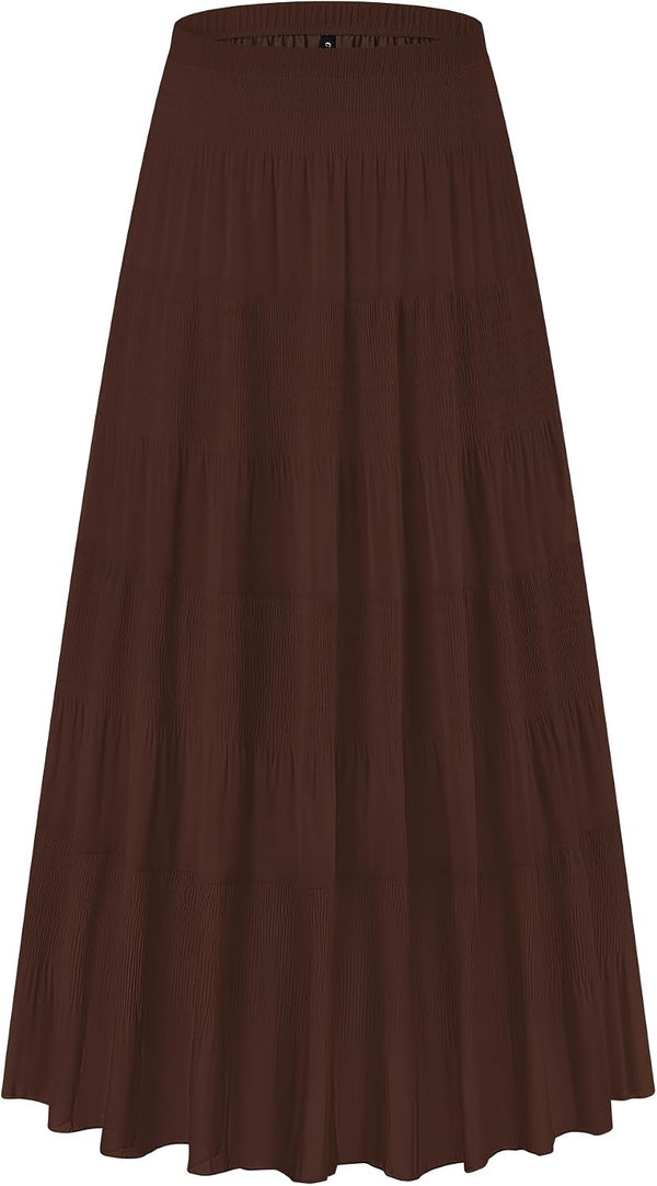 CYiNu Women's Chiffon Elastic High Waist Tiered Pleated Floral Printed A-Line Boho Long Maxi Skirts