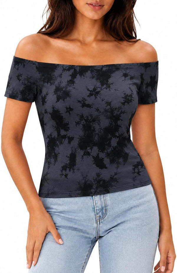 LilyCoco Off The Shoulder Tops for Women Striped Short Sleeve Sexy Going Out Top