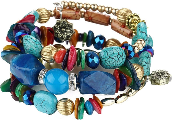 Women Beaded Bracelet Set | Colorful Boho Stackable Trendy Design with Crystal Accents Multilayer Bangle Bracelet | Fashion Stretch Braclets Jewelry for Women