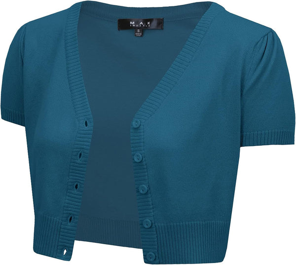 YEMAK Women's Cropped Bolero Cardigan – Short Sleeve V-Neck Basic Classic Casual Button Down Knit Soft Sweater Knitted Top
