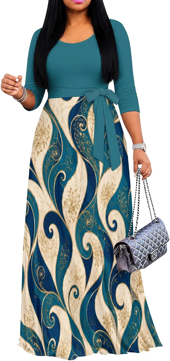 PinkPatty Women's Plus Size V Neck 3/4 Sleeve Boho Maxi Dress with Pockets