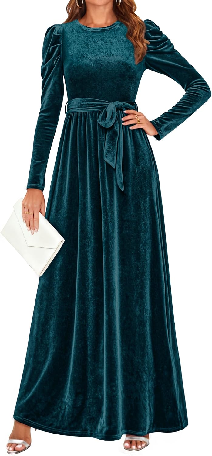 ZESICA Womens Winter Velvet Long Puff Sleeve Maxi Dress
