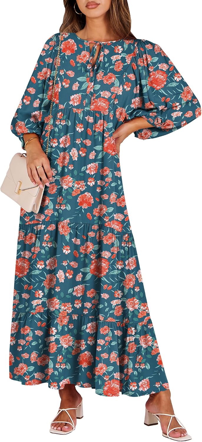 ANRABESS Womens Boho Floral 3/4 Puff Sleeve Maxi Dress
