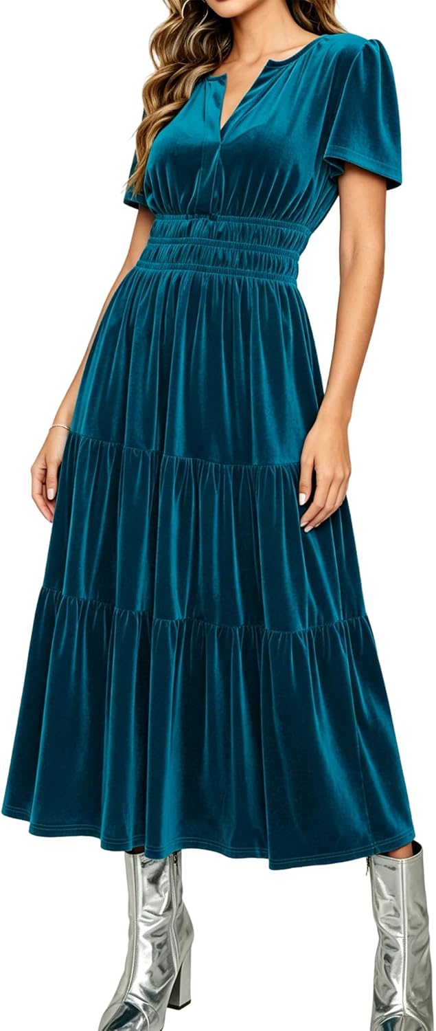R.Vivimos Womens Fall Winter Velvet Elastic Waist Maxi Dress