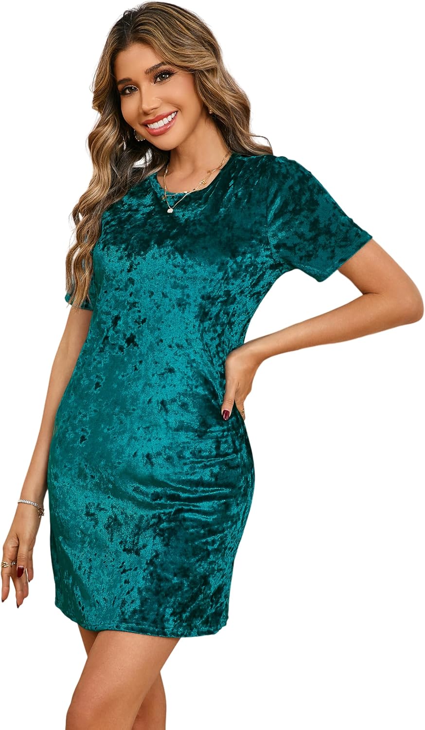 R.Vivimos Women's Crushed Velvet Short Sleeve Mini Dress