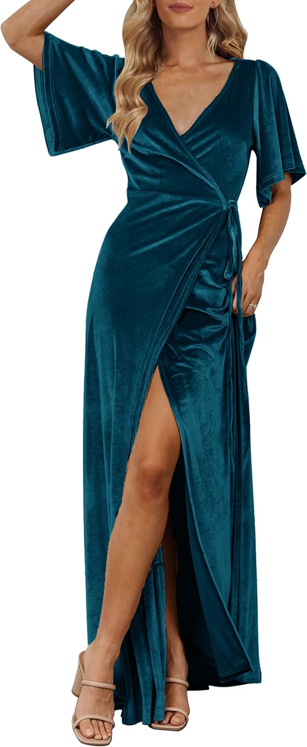 MEROKEETY Women's Wrap V Neck Wedding Guest Cocktail Velvet Maxi Dress