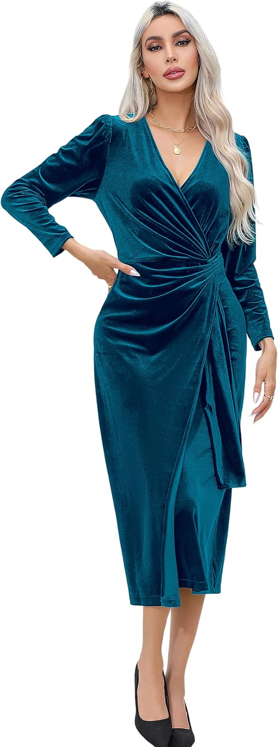 R.Vivimos Women's Velvet Wrap Fall Winter Elegant Midi Dress
