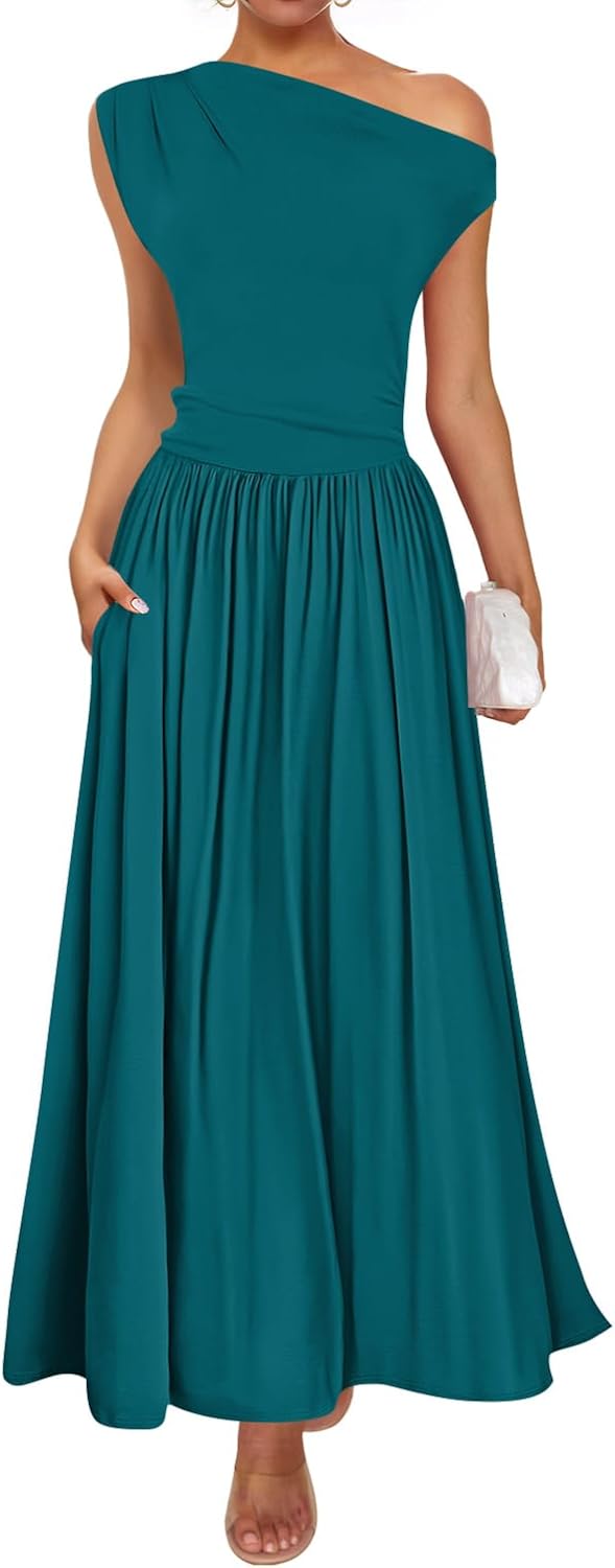 ZESICA Womens Sleeveless One Shoulder Maxi Dress with Pockets