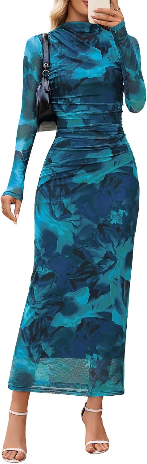 MEROKEETY Womens Fall Long Sleeve Floral Wedding Guest Maxi Dress