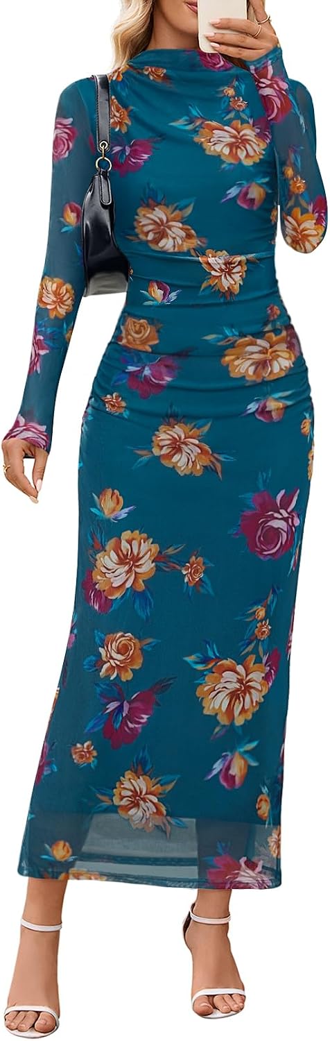 MEROKEETY Womens Fall Long Sleeve Floral Wedding Guest Maxi Dress