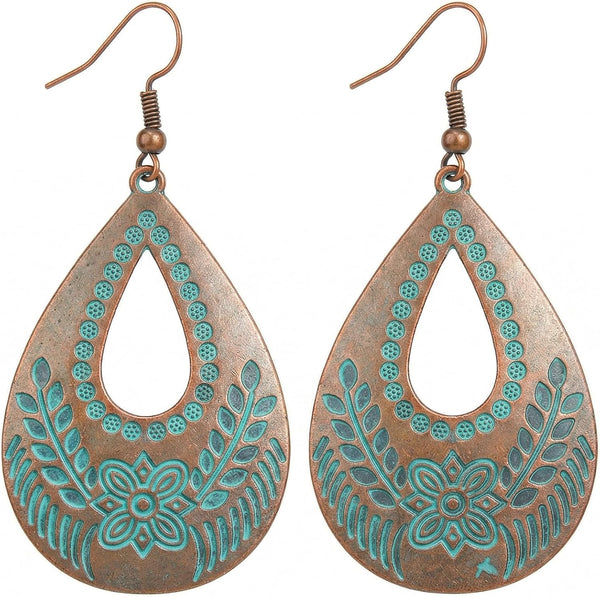 Vintage Bronze Turquoise Engraved Flower Earrings