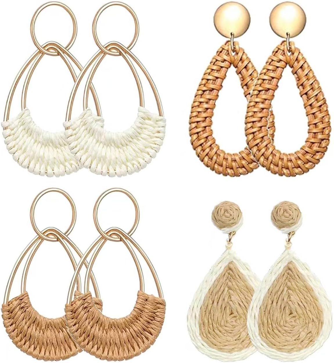 Raffia Rattan Boho Hoop Earrings (4 Pairs)