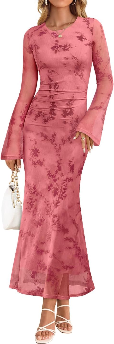 ZESICA Womens Long Sleeve Floral Fall Bodycon Ruched Mesh Maxi Formal Dress