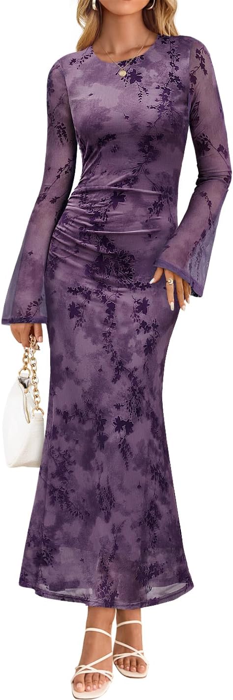 ZESICA Womens Long Sleeve Floral Fall Bodycon Ruched Mesh Maxi Formal Dress
