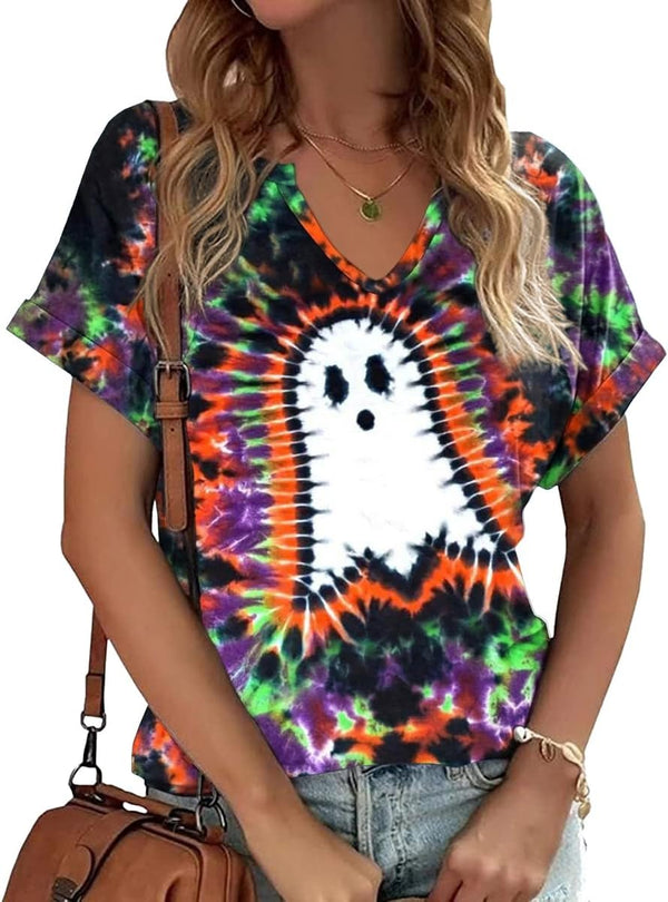 Earlymemb Women Fall Halloween Doodles V Neck Shirt Thanksgiving Casual Tee