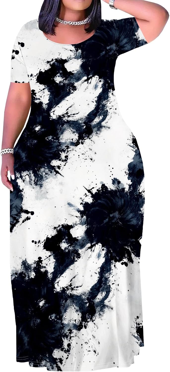 Plus Size Maxi Dress for Women Summer Short Sleeve Casual Sundress