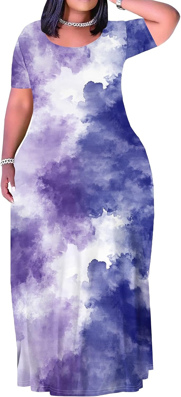 Plus Size Maxi Dress for Women Summer Short Sleeve Casual Sundress