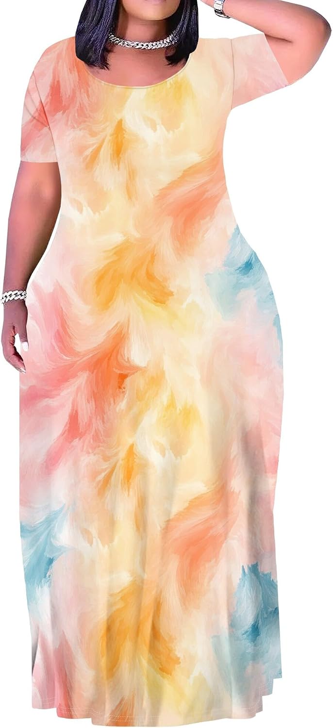 Plus Size Maxi Dress for Women Summer Short Sleeve Casual Sundress