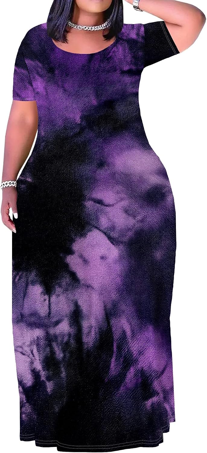 Plus Size Maxi Dress for Women Summer Short Sleeve Casual Sundress