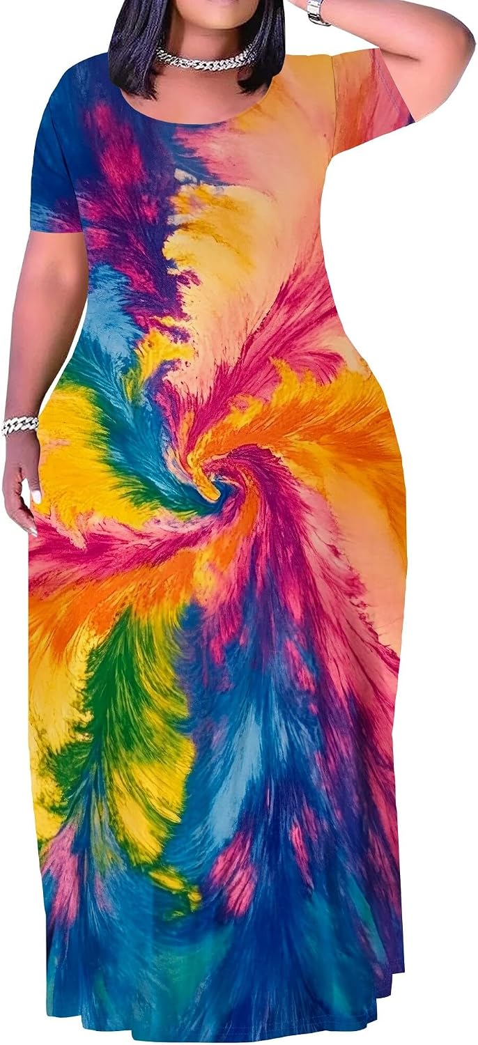 Plus Size Maxi Dress for Women Summer Short Sleeve Casual Sundress