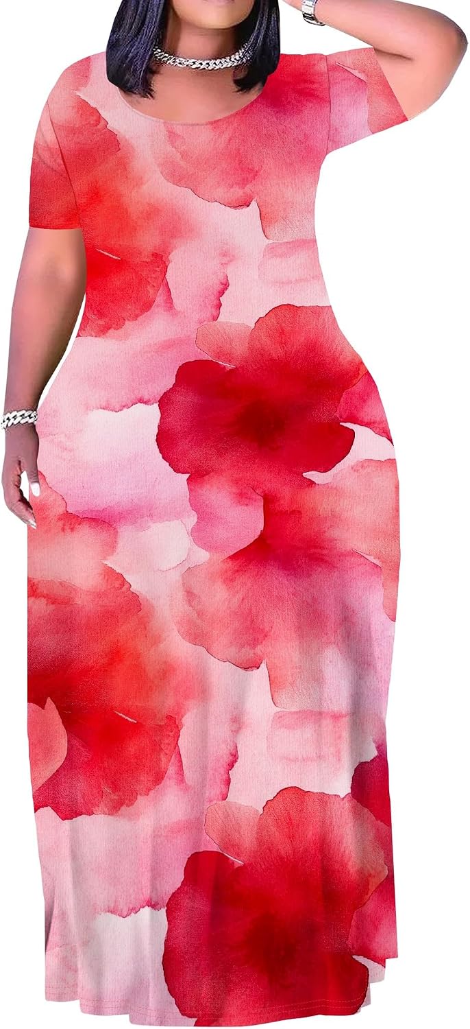 Plus Size Maxi Dress for Women Summer Short Sleeve Casual Sundress