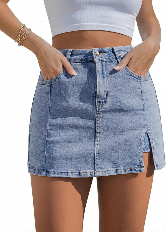luvamia Jean Skort Women High Waisted Stretchy Denim Mini Skirt Side Slit | Jean Skirt with Shorts Underneath, Trendy, Stretch, Cute, Y2k, Denim Skorts, Jean Shorts, Country Concert Outfits for Women